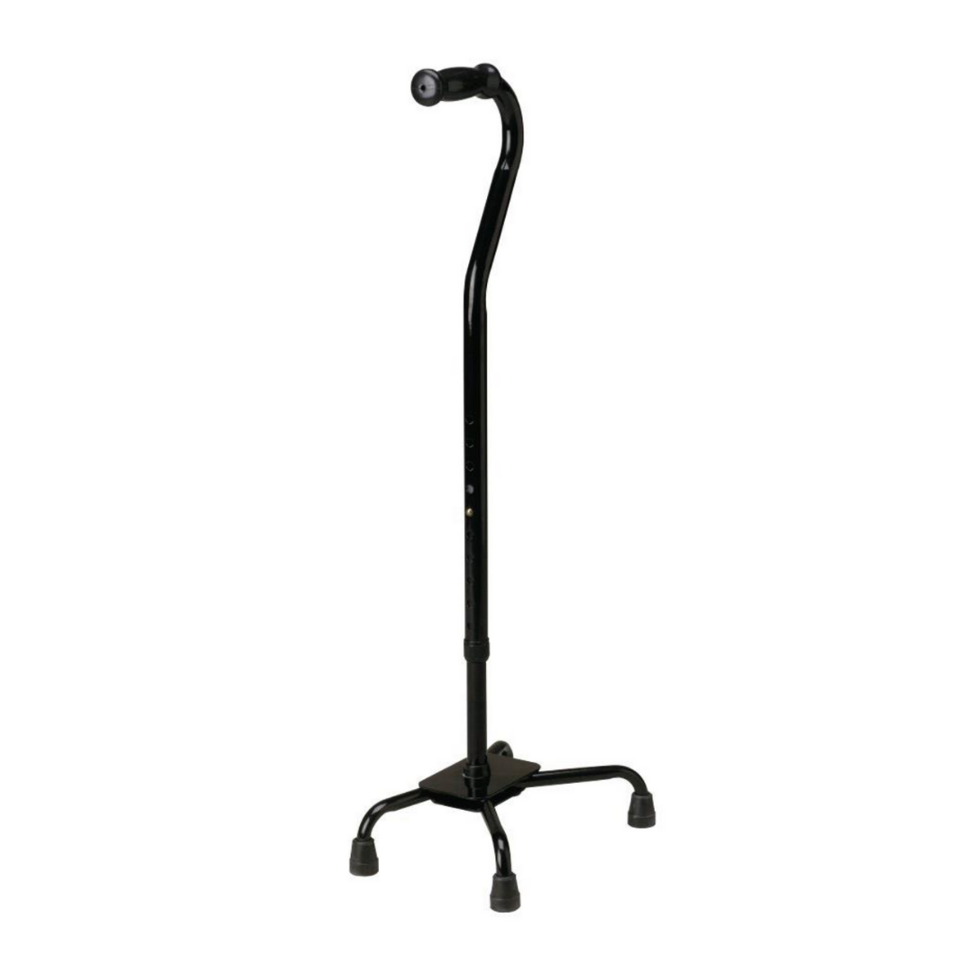 The Medline Bariatric Quad Cane - 500 lb Cap is a black, heavy-duty steel cane with an adjustable handle and four rubber-tipped legs for stable walking and balance support.